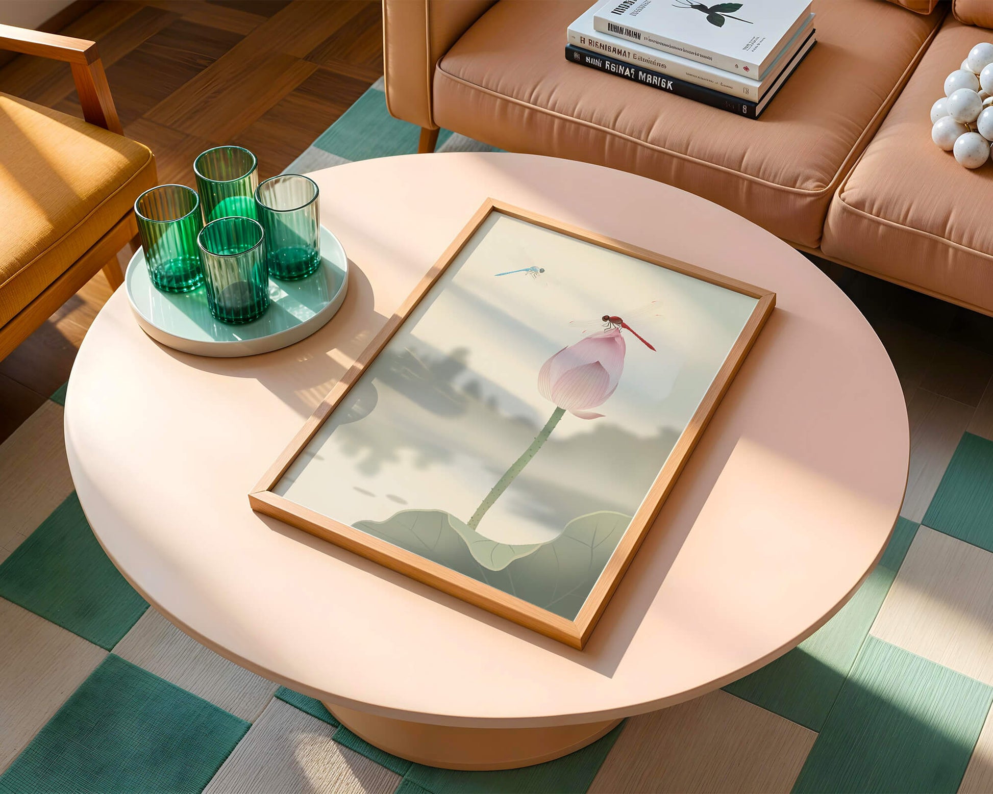 Libélulas sobre un capullo de loto con paisaje sereno