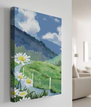 Meadow with Daisies Under Bright Blue Sky