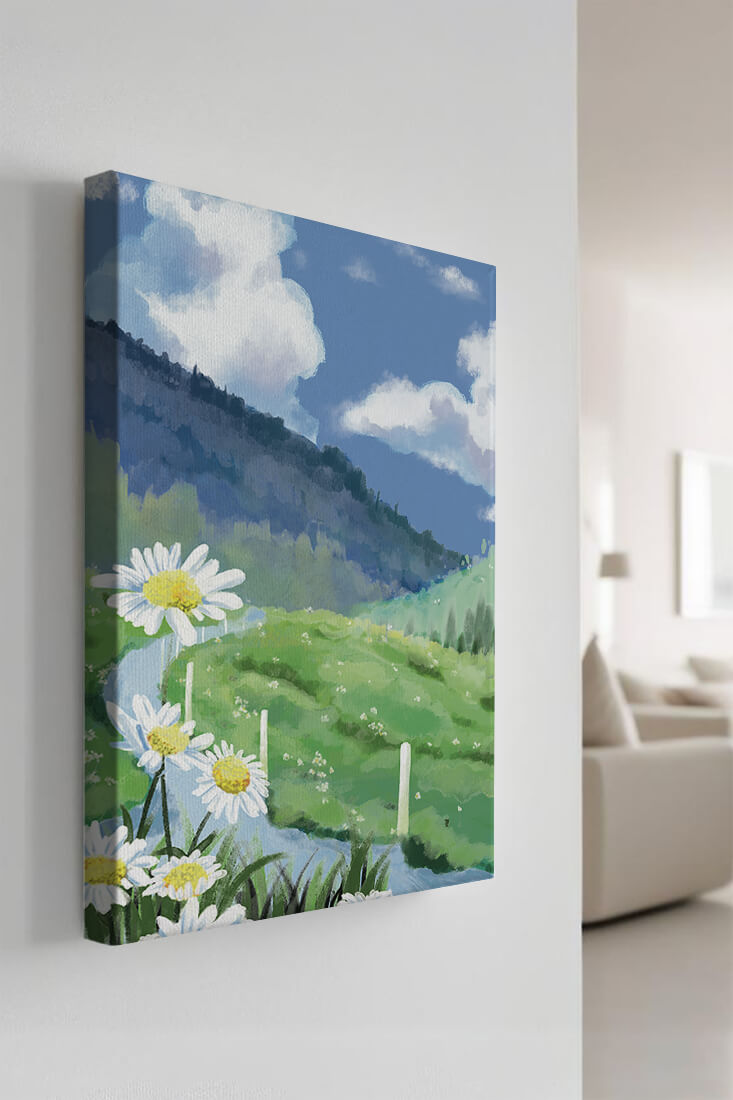 Meadow with Daisies Under Bright Blue Sky