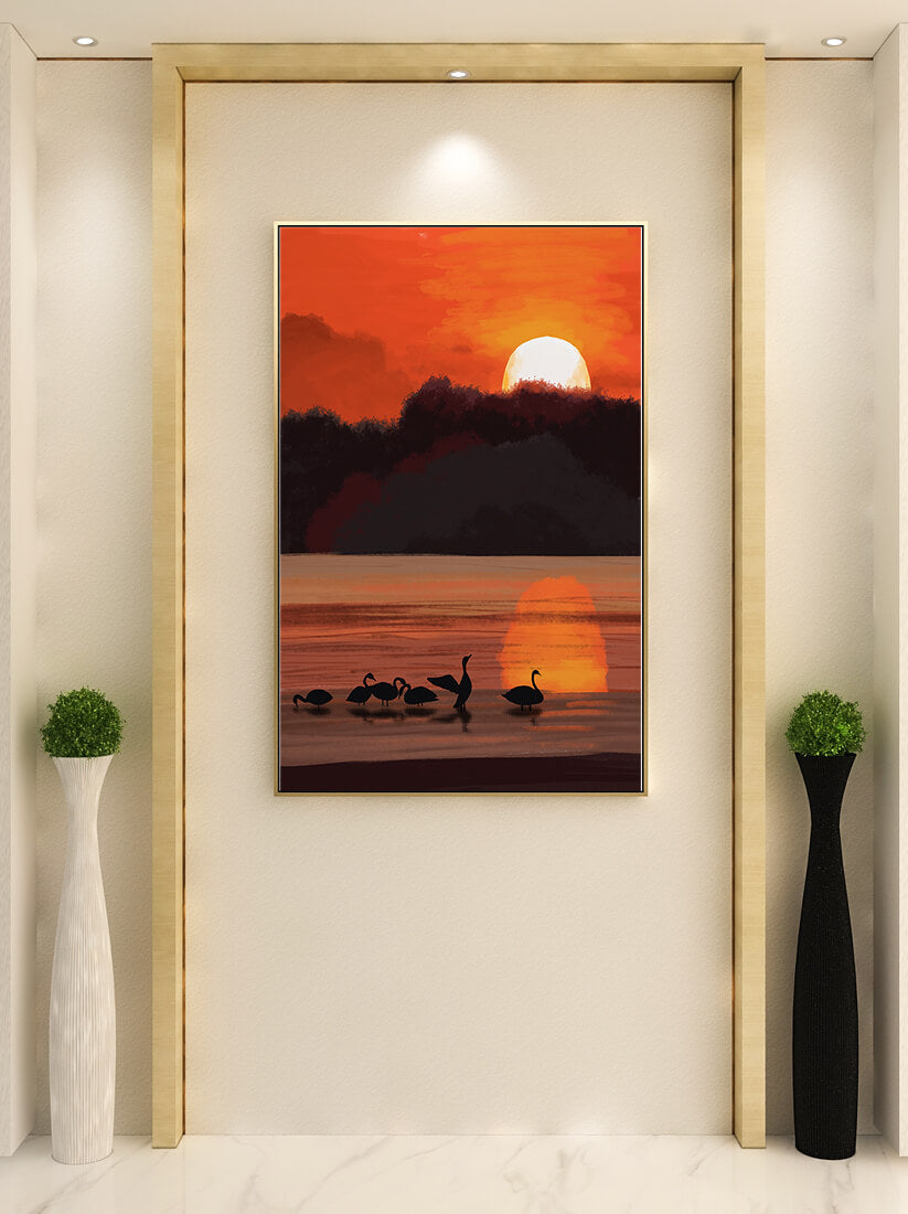 Serene sunset over a lake with silhouetted swans