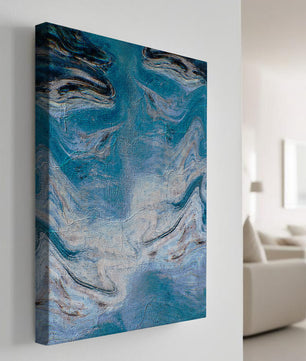 Pintura texturizada abstracta en azul y crema con patrones giratorios