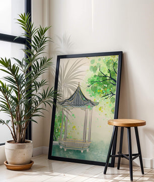 Serene garden pavilion amidst lush green trees and calm waters