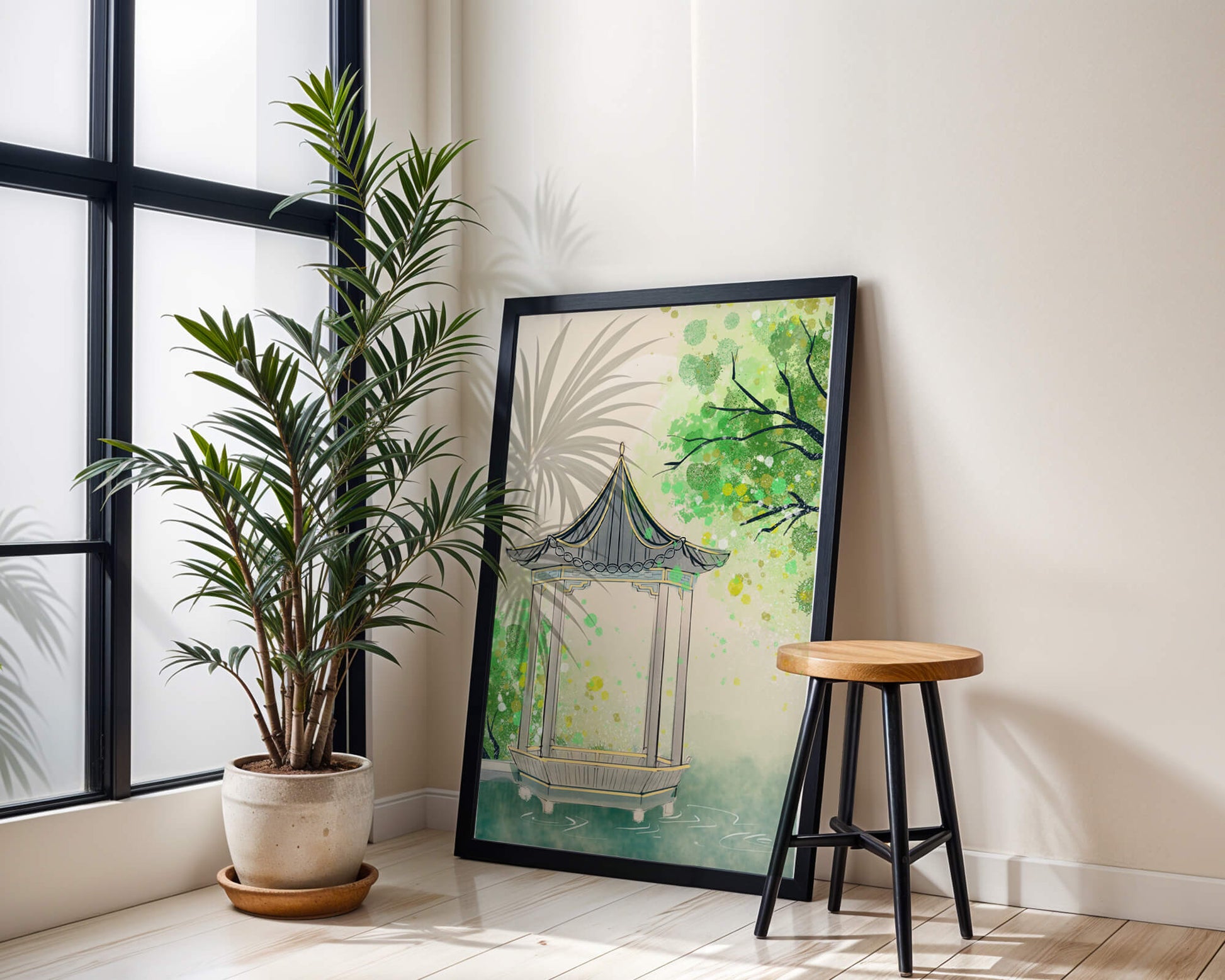 Serene garden pavilion amidst lush green trees and calm waters