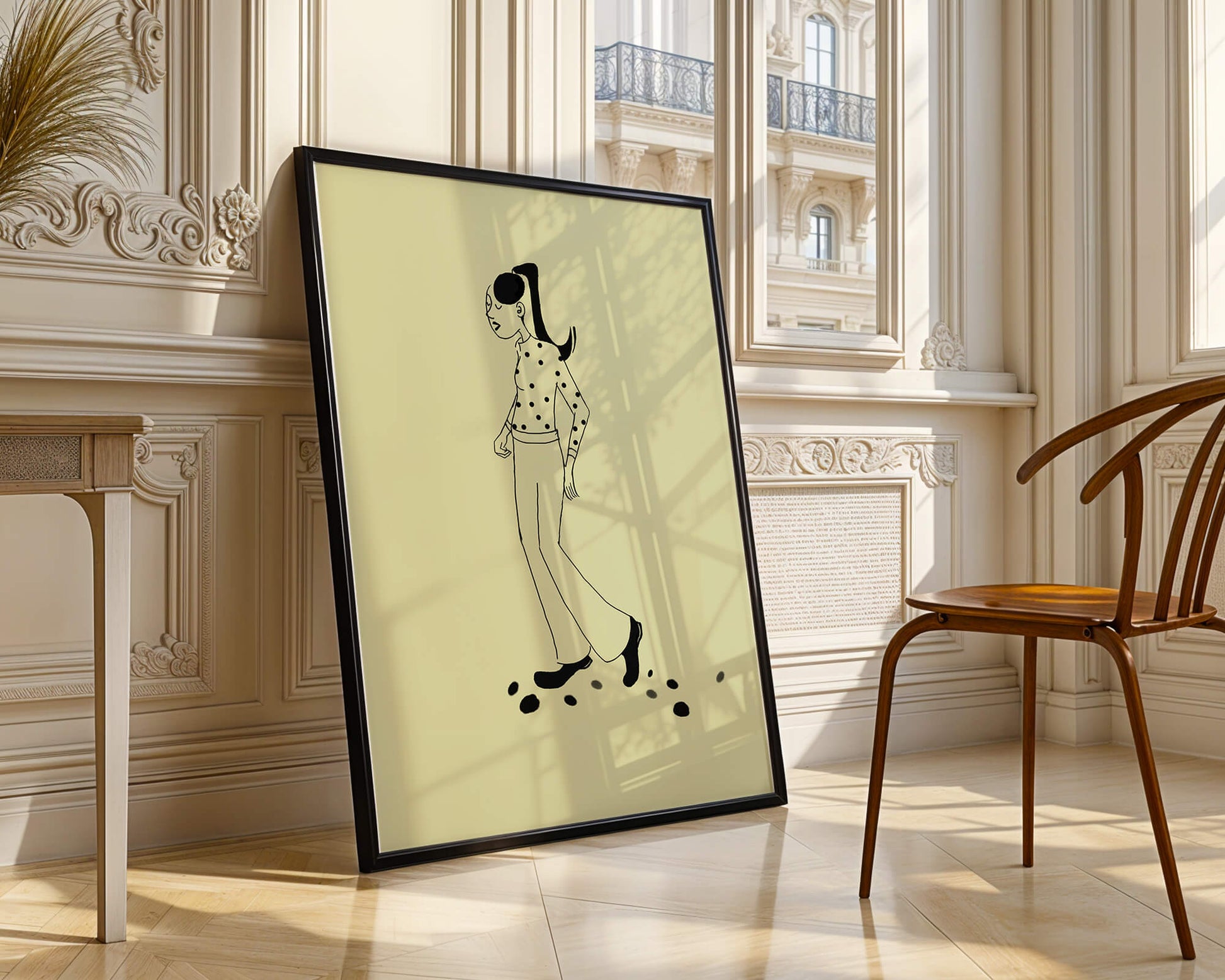 Illustration of a person walking in a polka dot shirt with ponytail