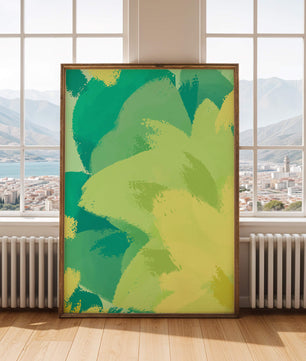 Pintura abstracta de pinceladas verdes y amarillas