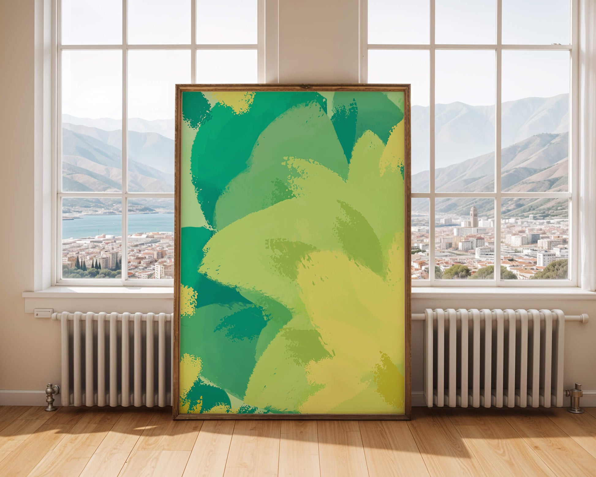 Abstract green and yellow brushstroke painting