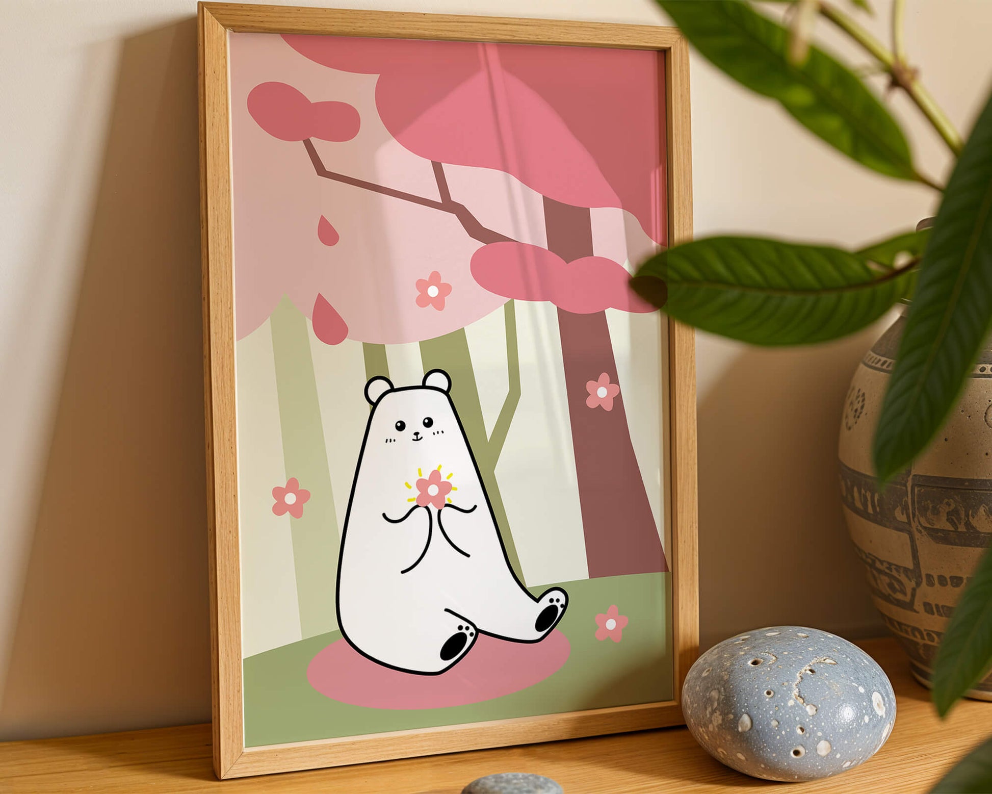 Charming bear holding flower under cherry blossom tree