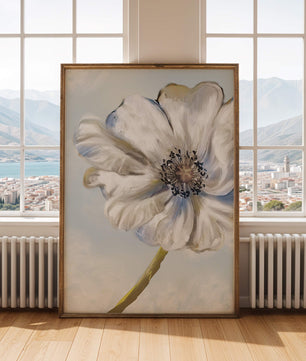 Art captivant de fleurs blanches avec des nuances de bleu sur un fond pastel