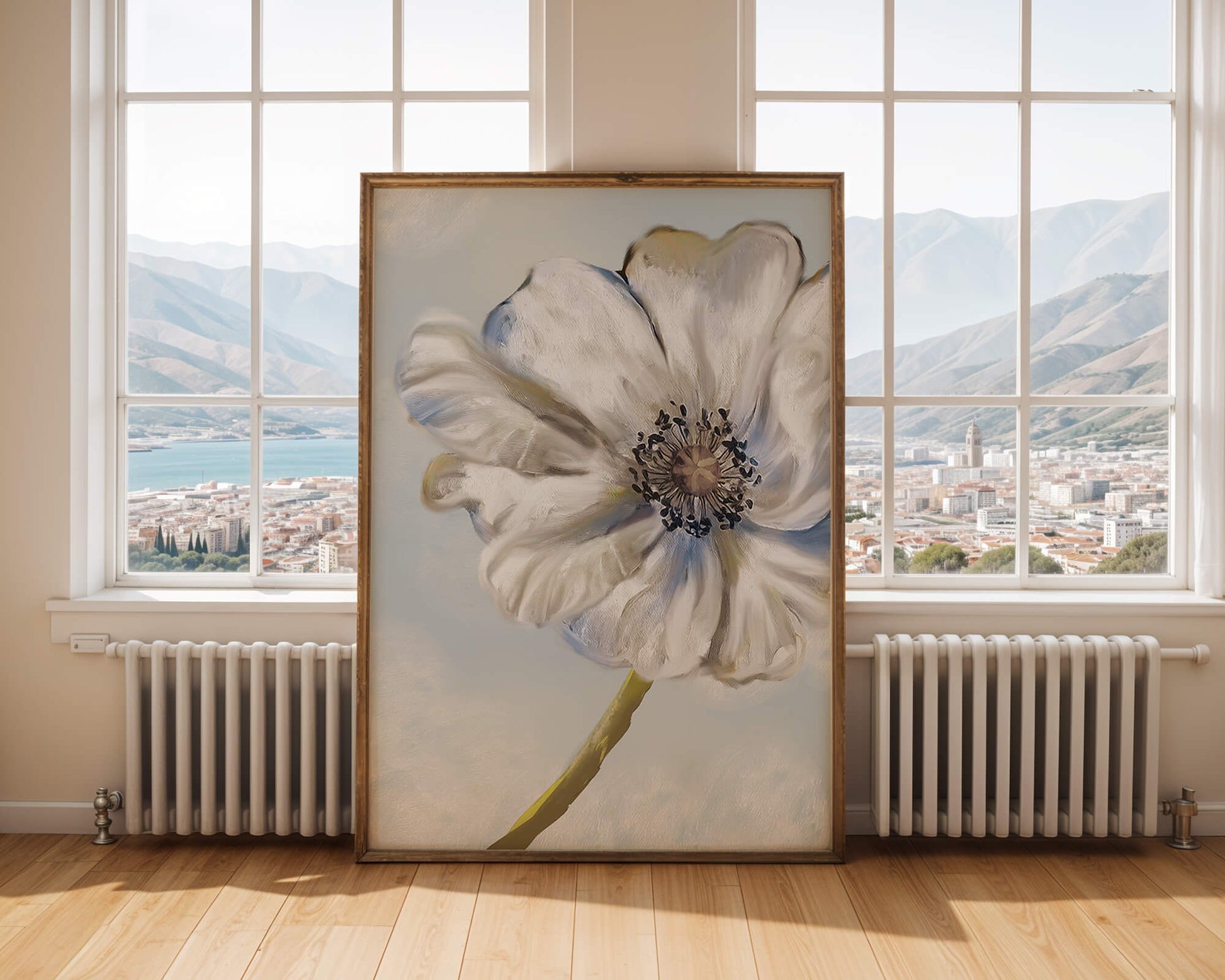 Captivating white flower art with blue hues on a pastel background
