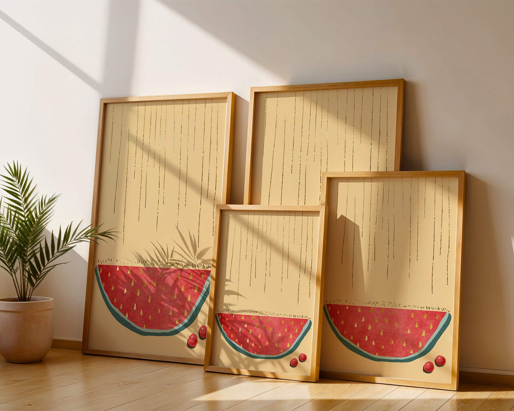 Abstract Watermelon Slice with Gold Accents on Minimalist Background