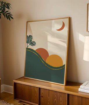 Minimalist Landscape With Mountains And Monstera Leaves At Sunset - Mi tienda