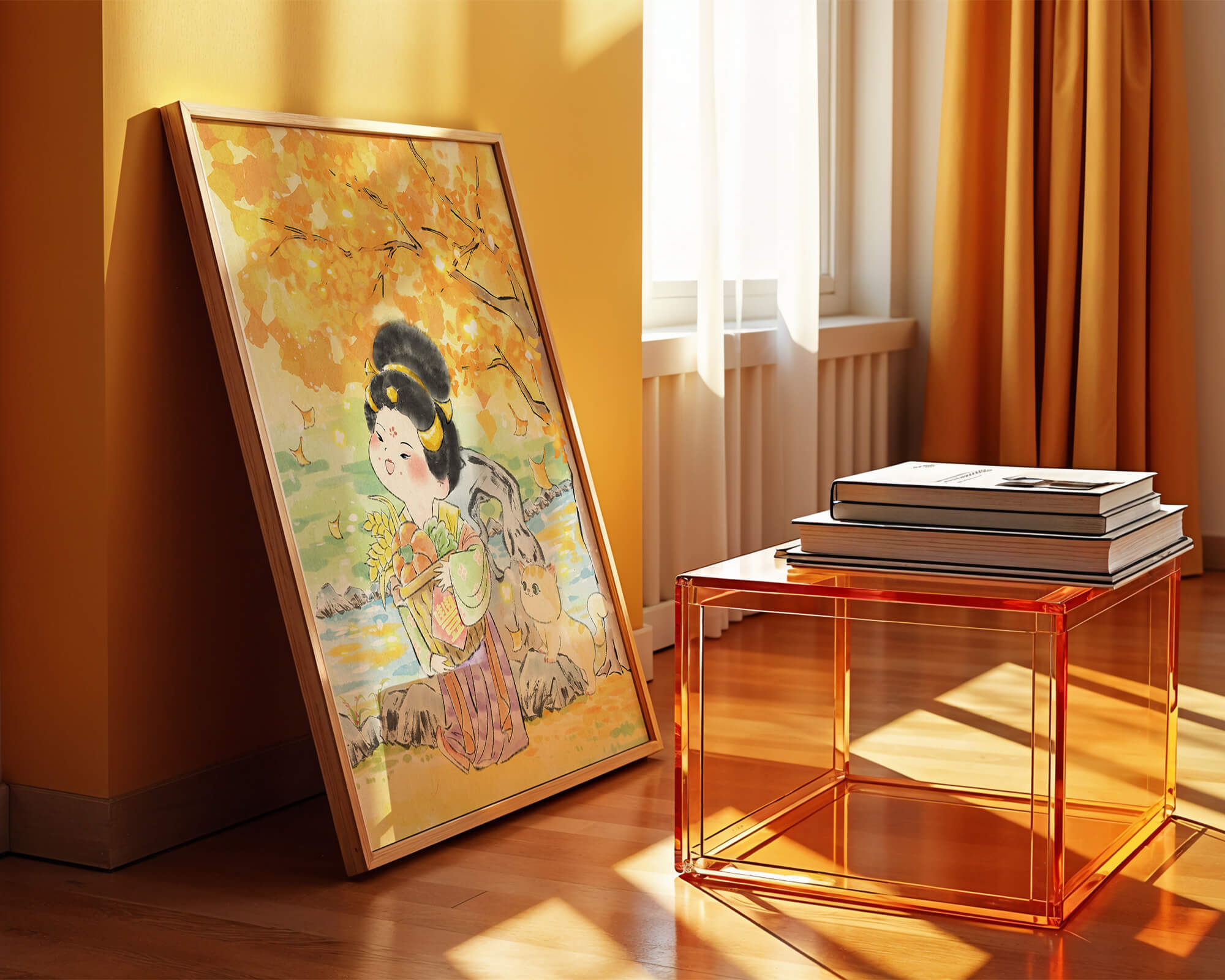 Charming watercolor scene of girl with basket in autumn setting