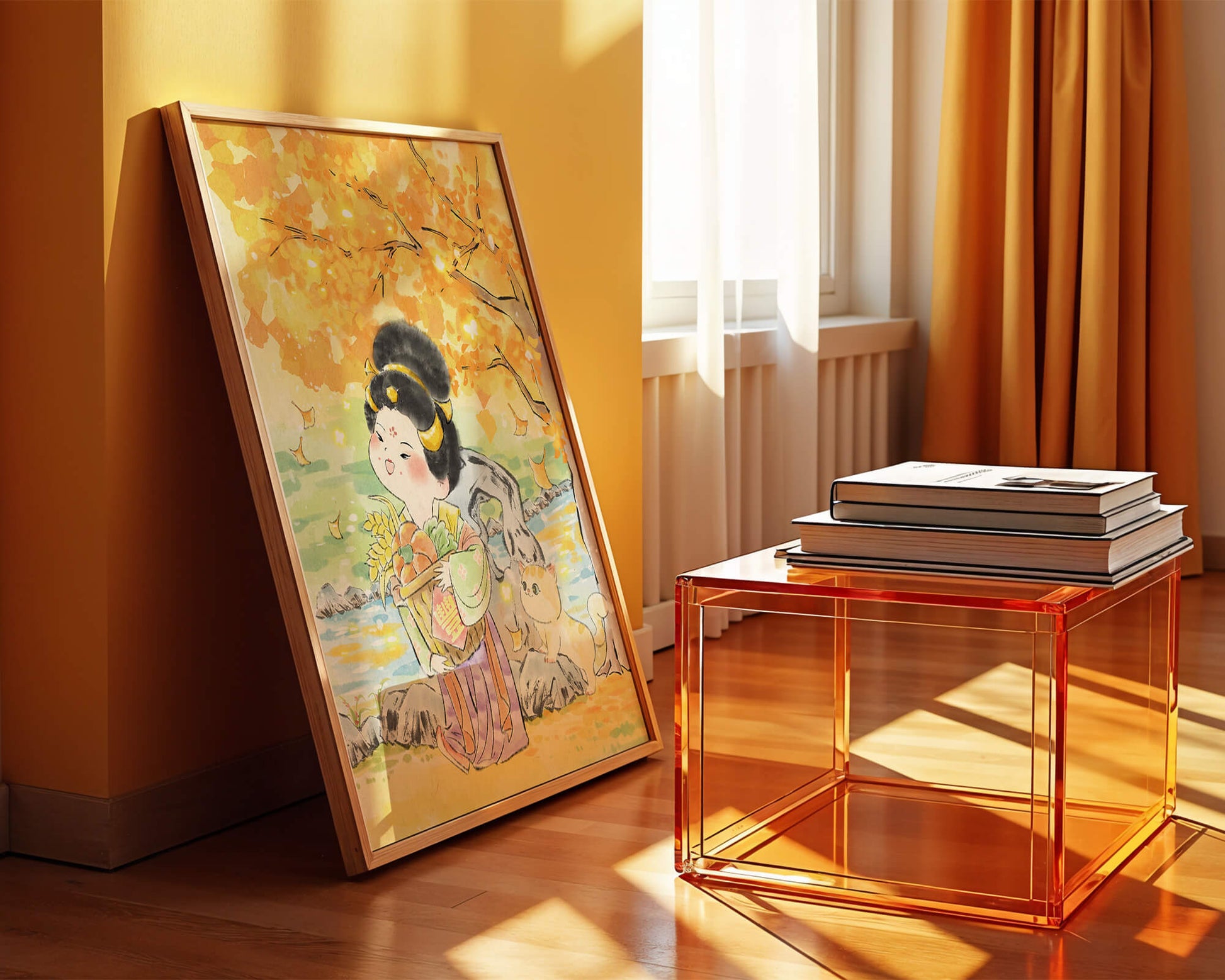 Charming watercolor scene of girl with basket in autumn setting
