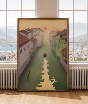 Escena de río tranquilo con arquitectura tradicional y atardecer