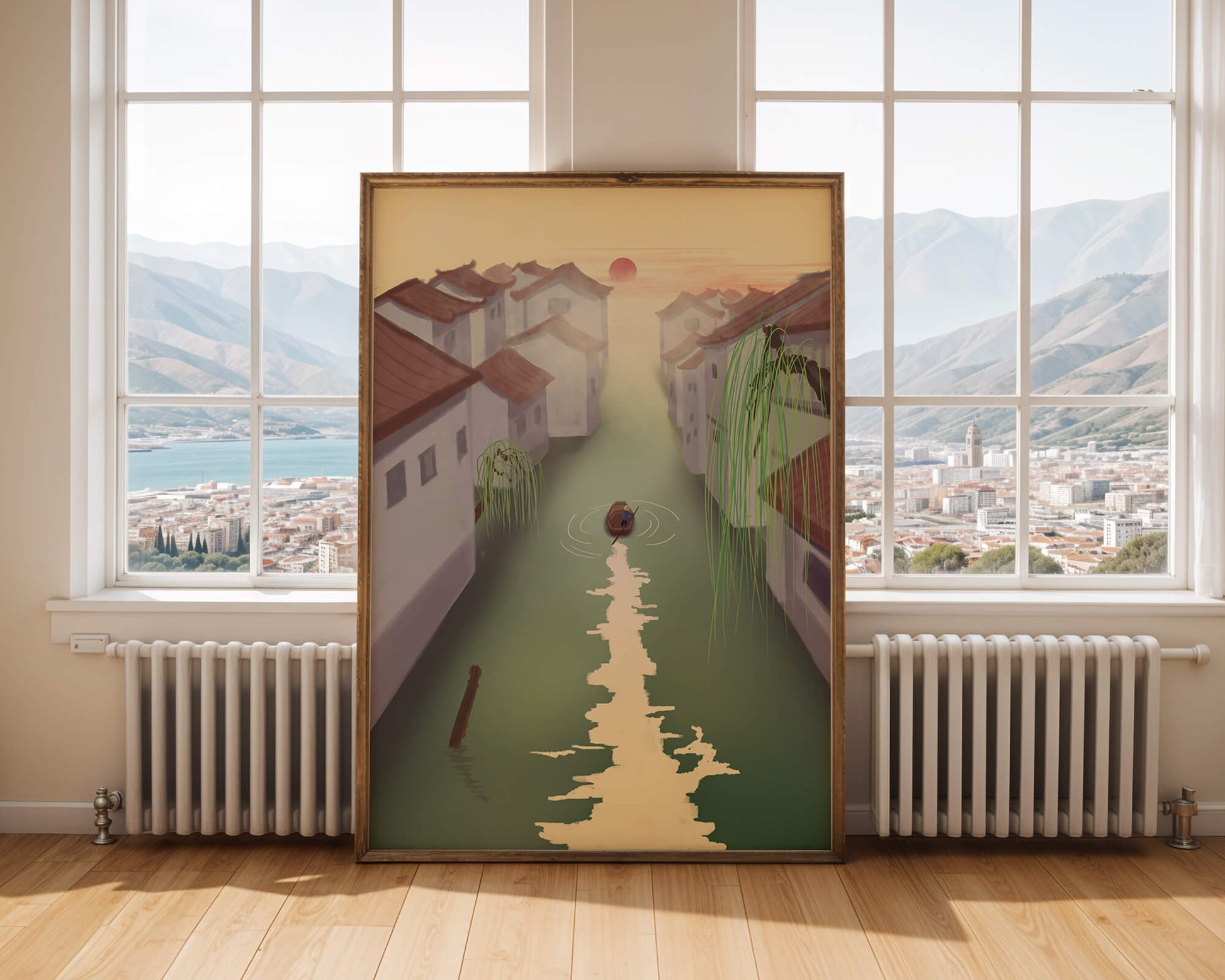 Tranquil river scene with traditional architecture and sunset