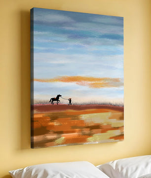 Serene landscape with cowboy and horse under vast sky