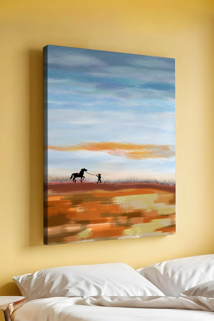 Serene landscape with cowboy and horse under vast sky