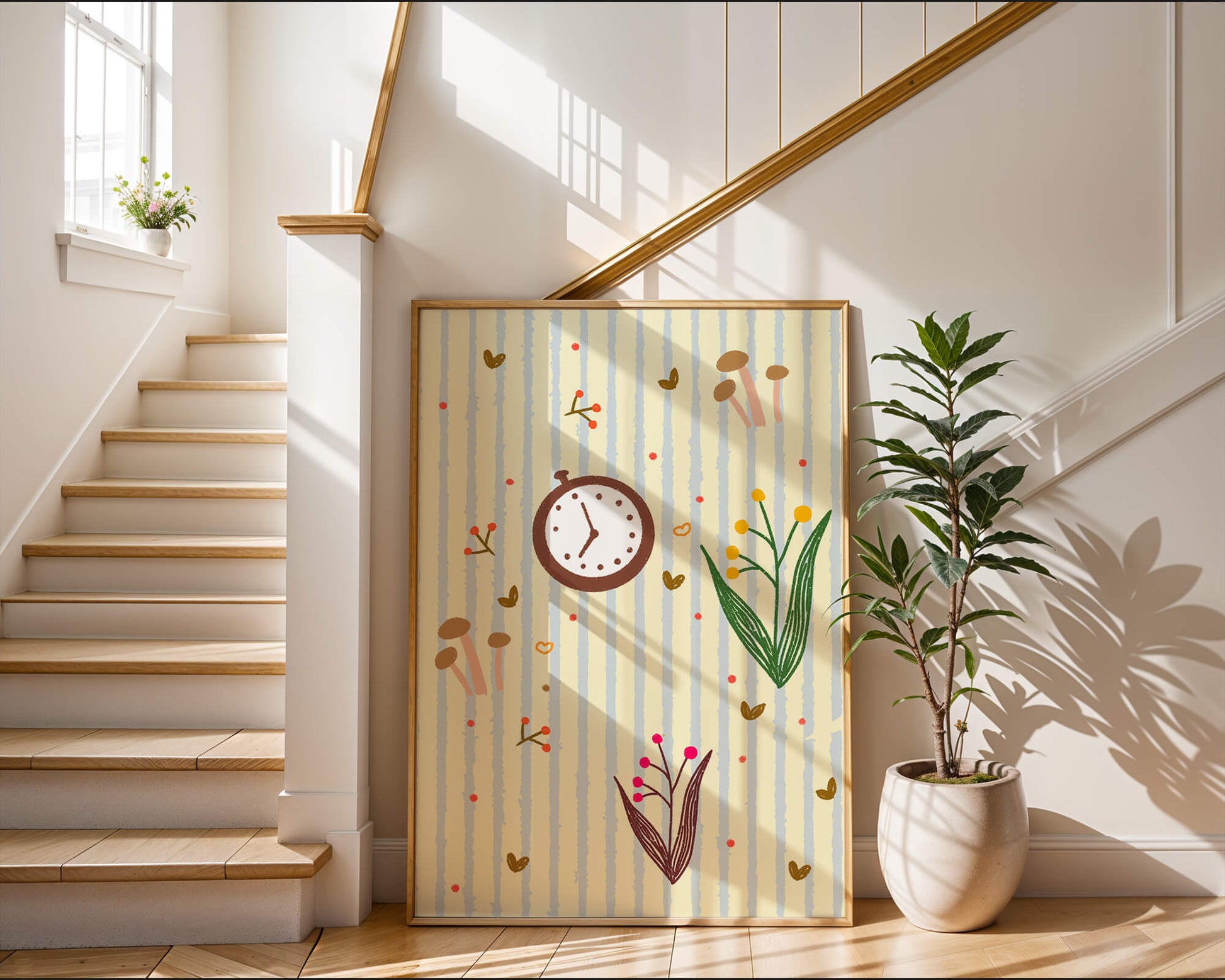 Whimsical pattern with clock, mushrooms, and florals on striped background
