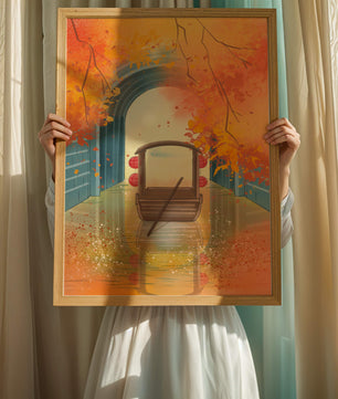Serene autumn scene with archway and wooden boat