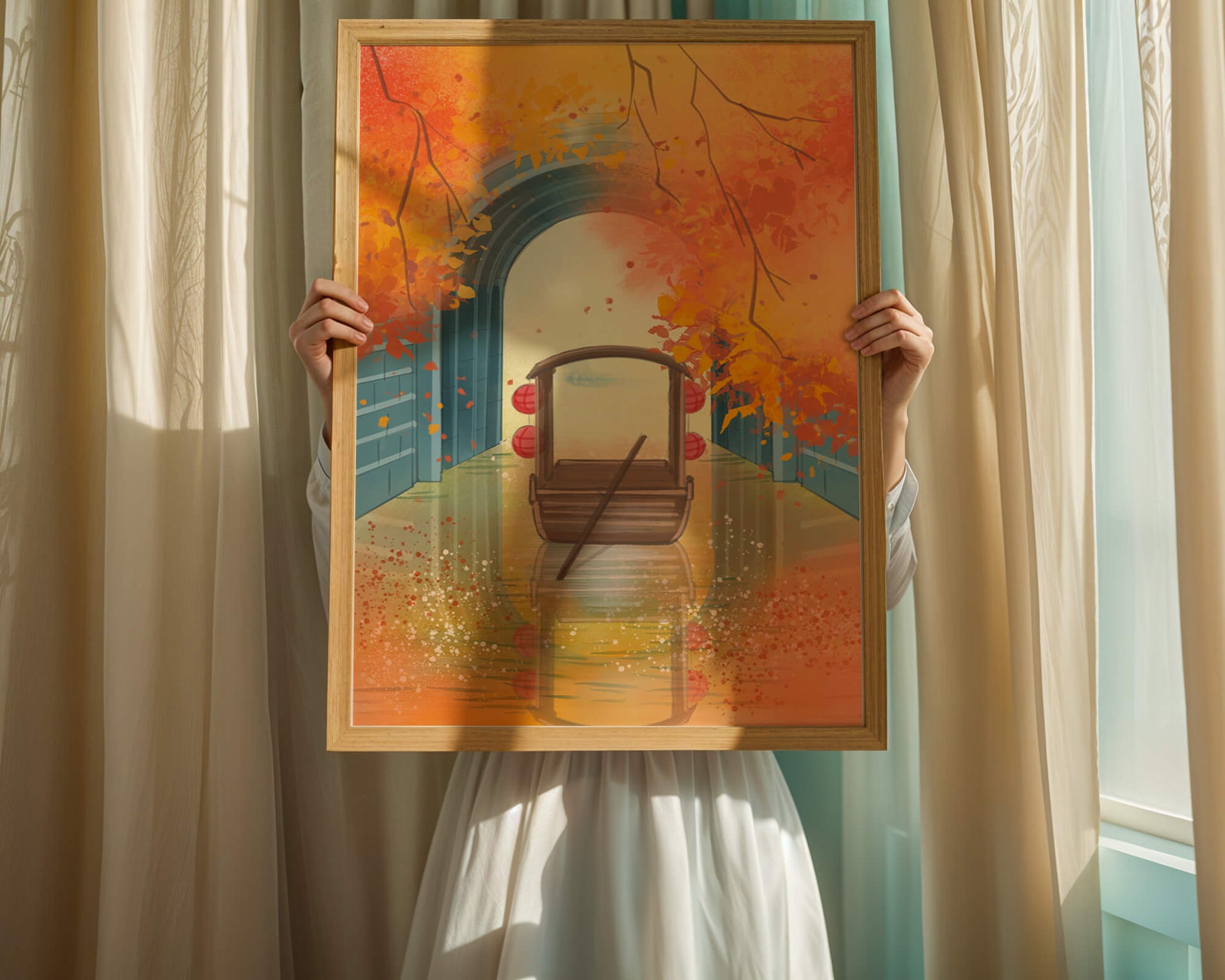 Serene autumn scene with archway and wooden boat