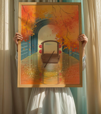 Serene autumn scene with archway and wooden boat
