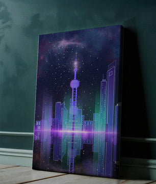 Futuristische Skyline mit leuchtenden Türmen unter sternenklarer Nacht