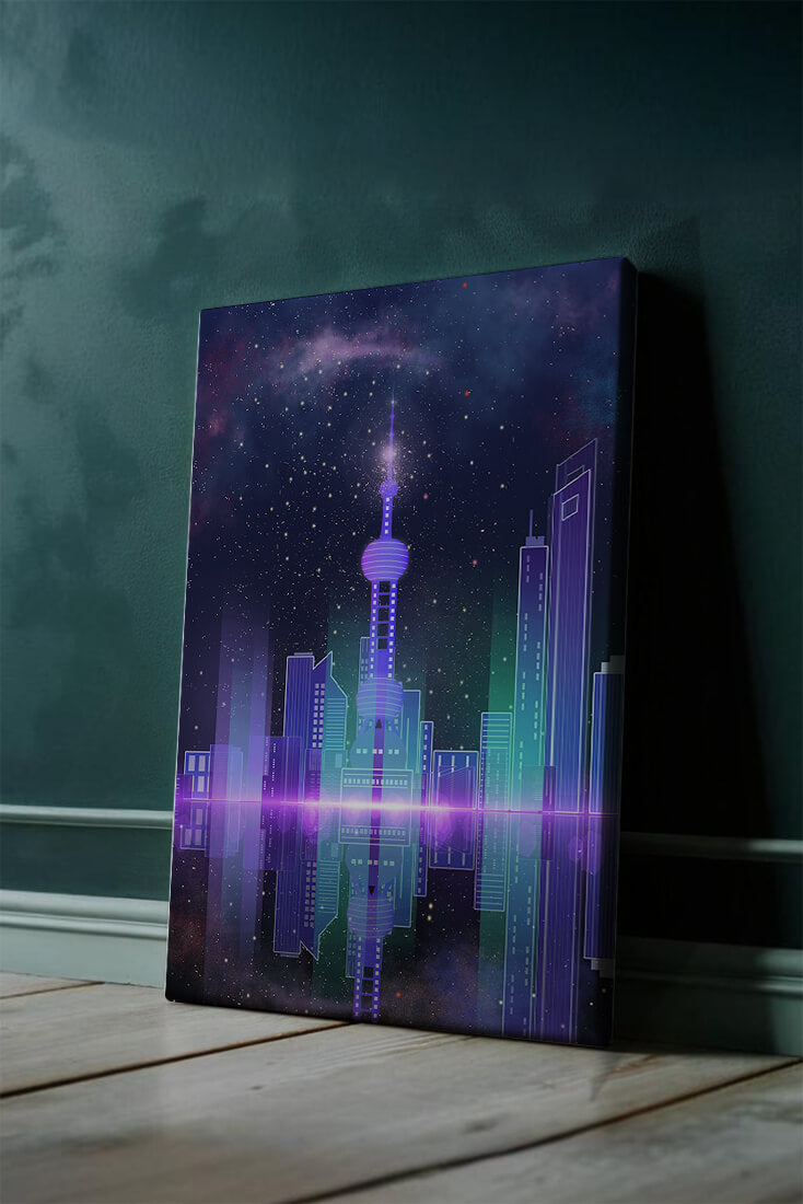 Futuristische Skyline mit leuchtenden Türmen unter sternenklarer Nacht