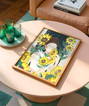 Young woman surrounded by vibrant sunflowers in a serene setting