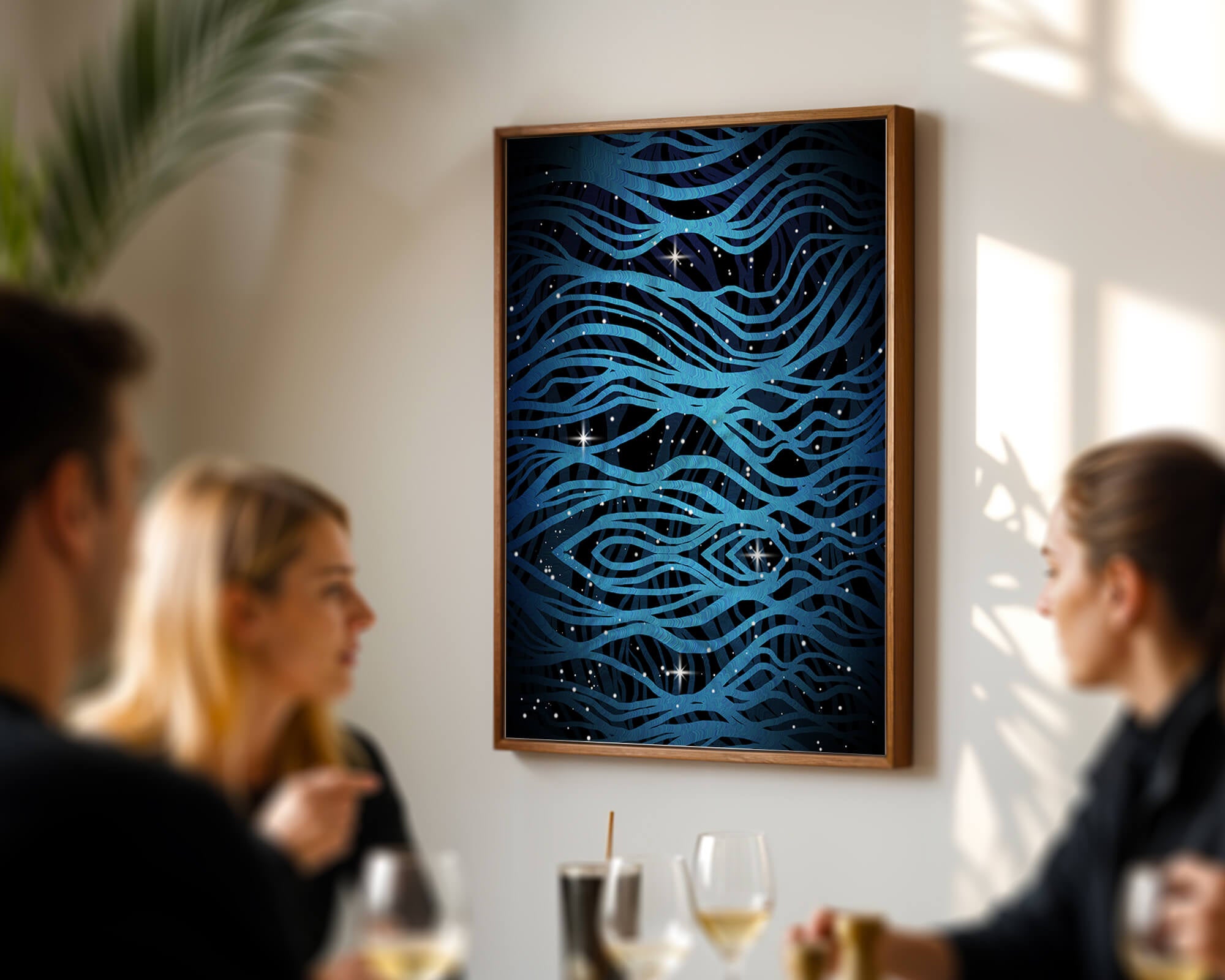 Abstract blue wave lines with starry night background