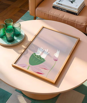 Whimsical Rabbits on Lotus with Pink Background
