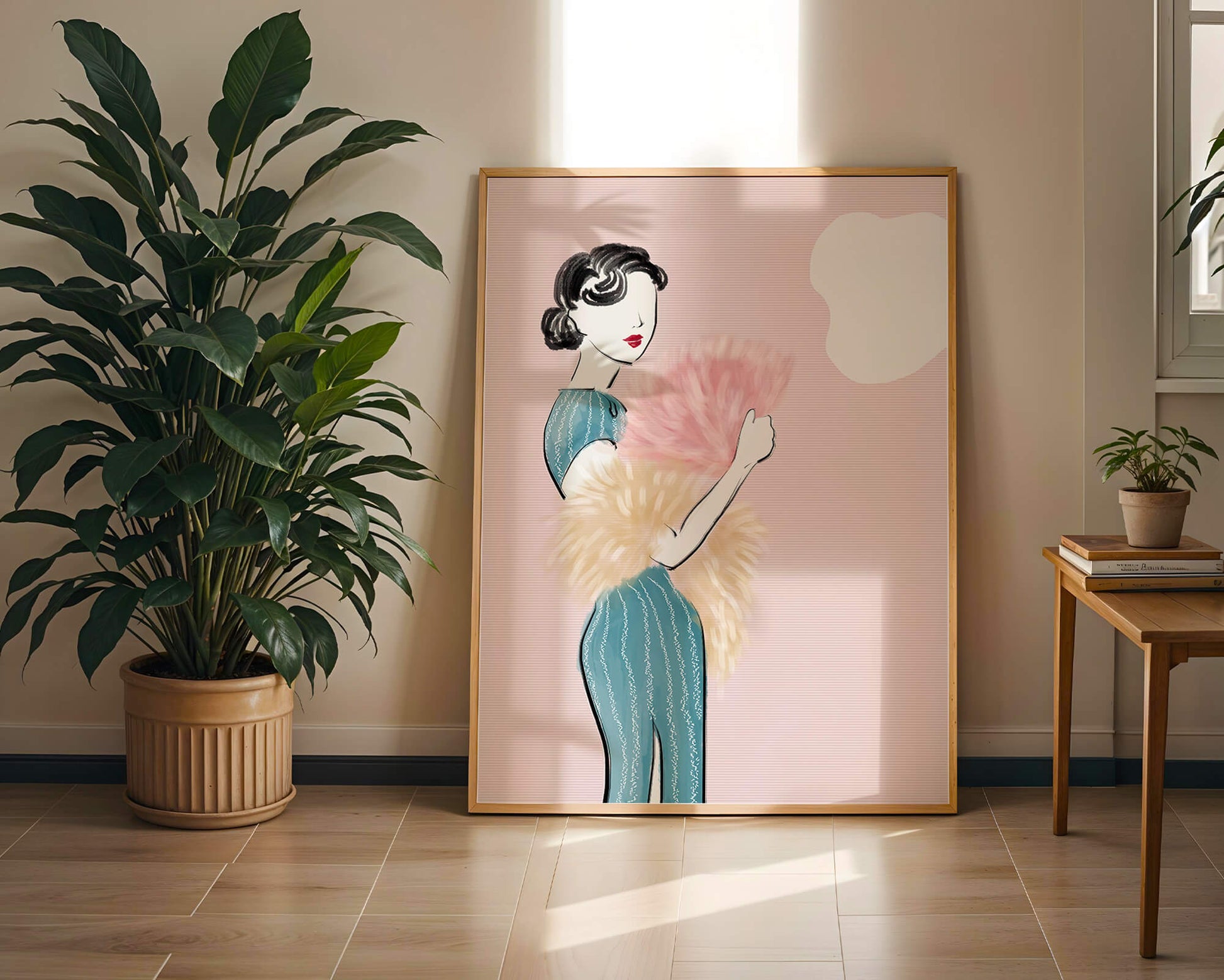 Elegant woman in vintage dress with pink background