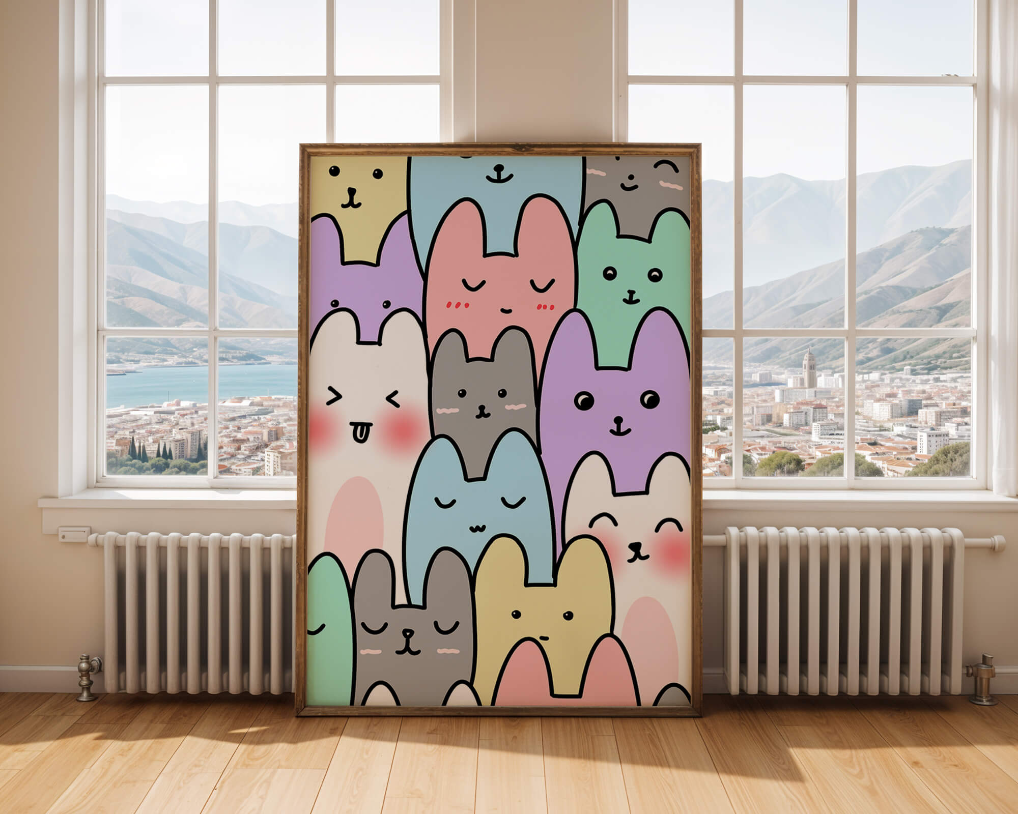 Colorful cartoon animal pattern with smiling faces