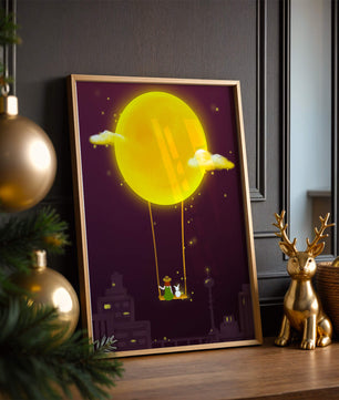 Whimsical night scene with a girl and a rabbit on a swing beneath a glowing moon
