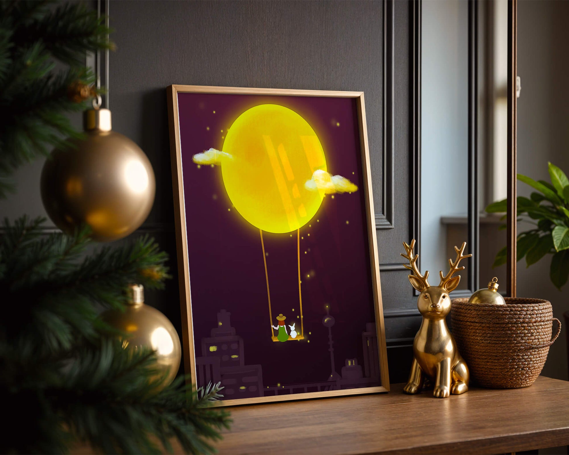 Whimsical night scene with a girl and a rabbit on a swing beneath a glowing moon