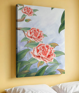 Illustrated pink carnations with green leaves in serene botanical art