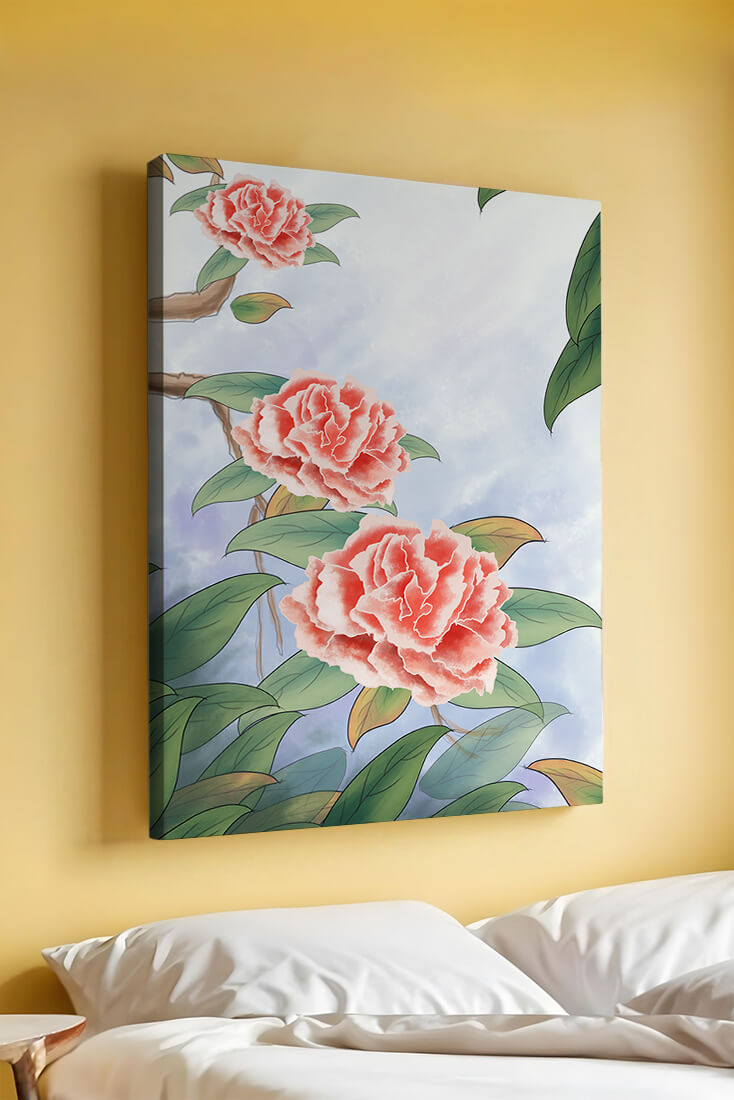 Illustrated pink carnations with green leaves in serene botanical art