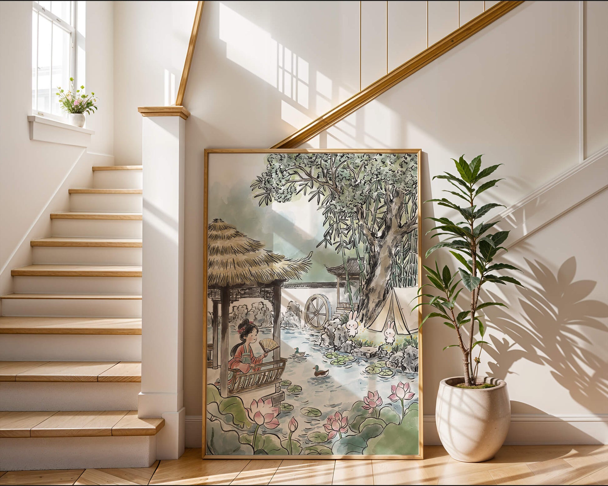 Escena tranquila de jardín con mujer, patos y conejos en un entorno tradicional