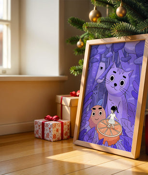 Whimsical forest scene with playful cartoon characters