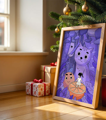 Whimsical forest scene with playful cartoon characters