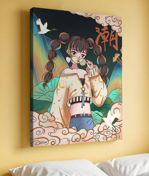 Anime girl with glasses surrounded by nature and cranes