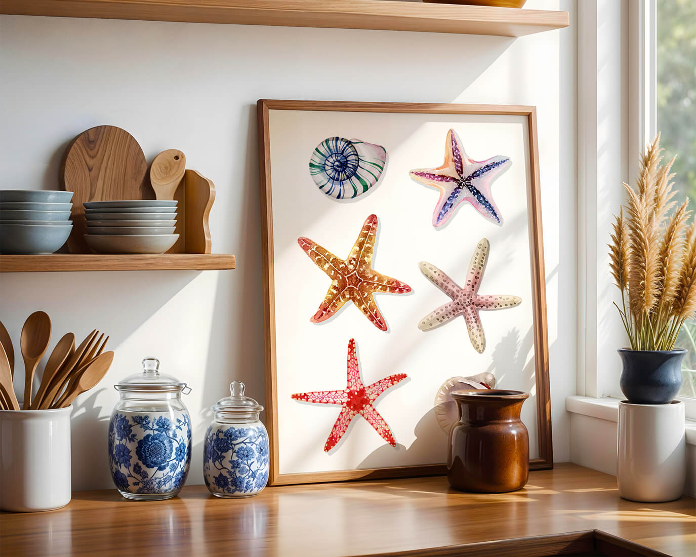 Watercolor collection of seashells and starfish illustration