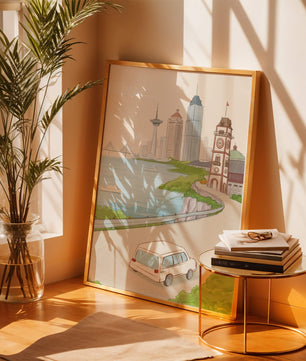 Scenic coastal cityscape with modern buildings and a classic clock tower