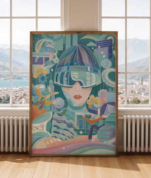 Futuristic digital art with virtual reality and technology themes