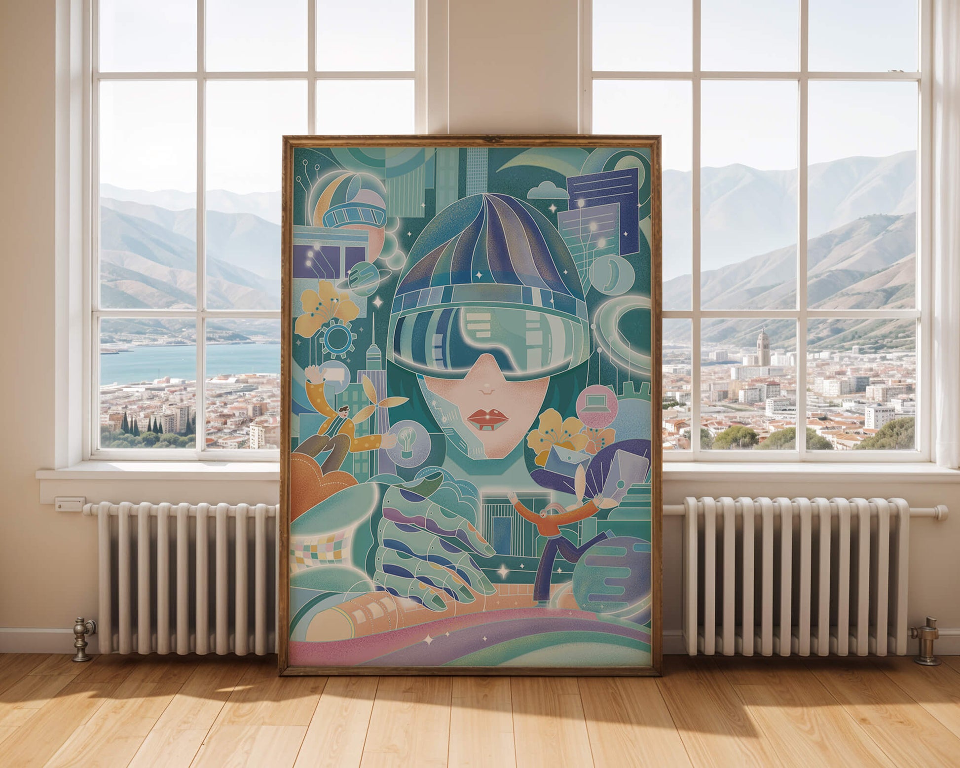 Futuristic digital art with virtual reality and technology themes