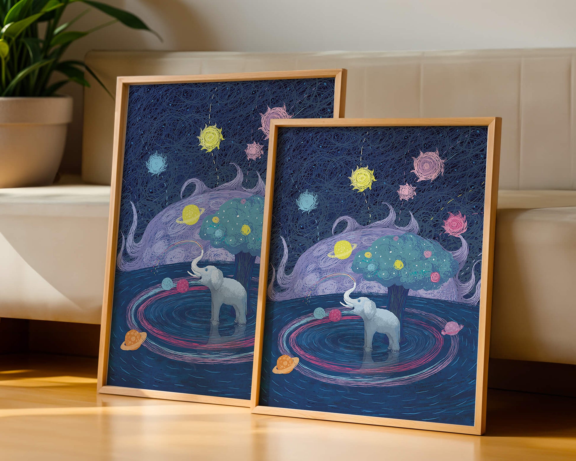 Éléphant fantastique avec arbre et fond cosmique