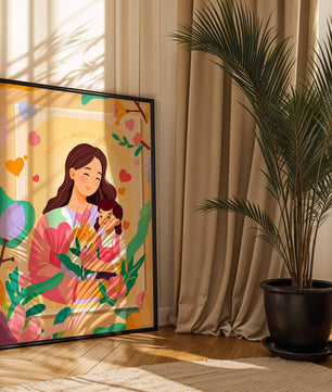 Ilustración de madre e hija con flores para el Día de la Madre