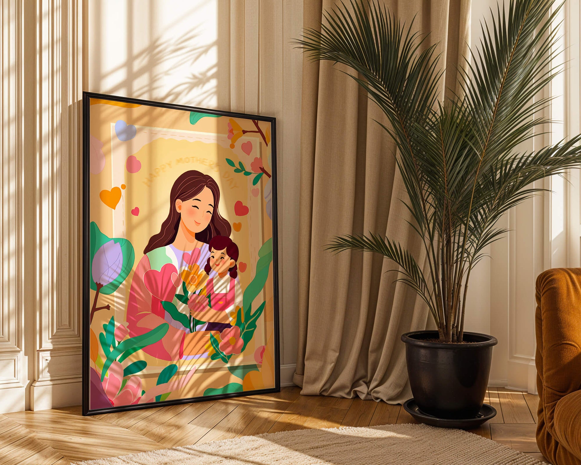 Illustration of mother and daughter with flowers for Mother's Day
