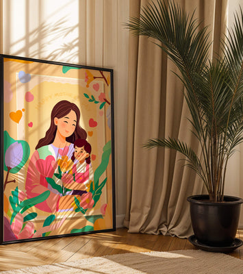 Illustration of mother and daughter with flowers for Mother's Day