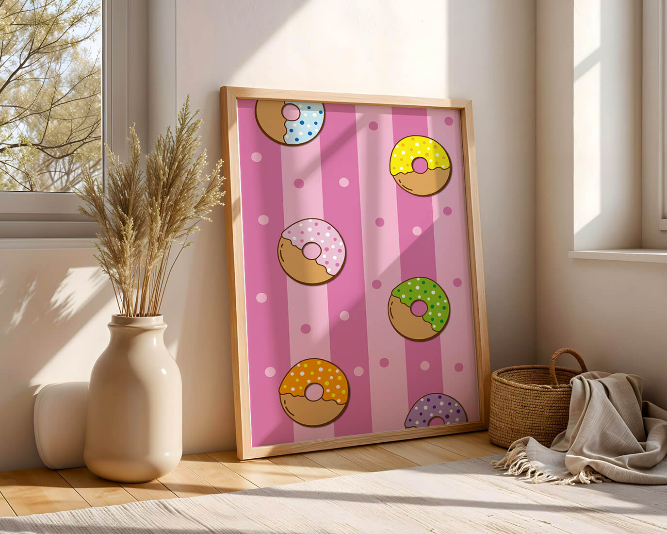 Colorful donut pattern on pink striped background
