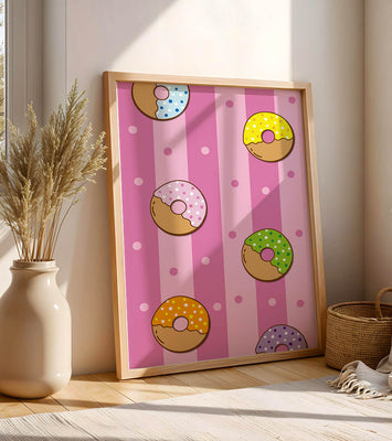 Colorful donut pattern on pink striped background